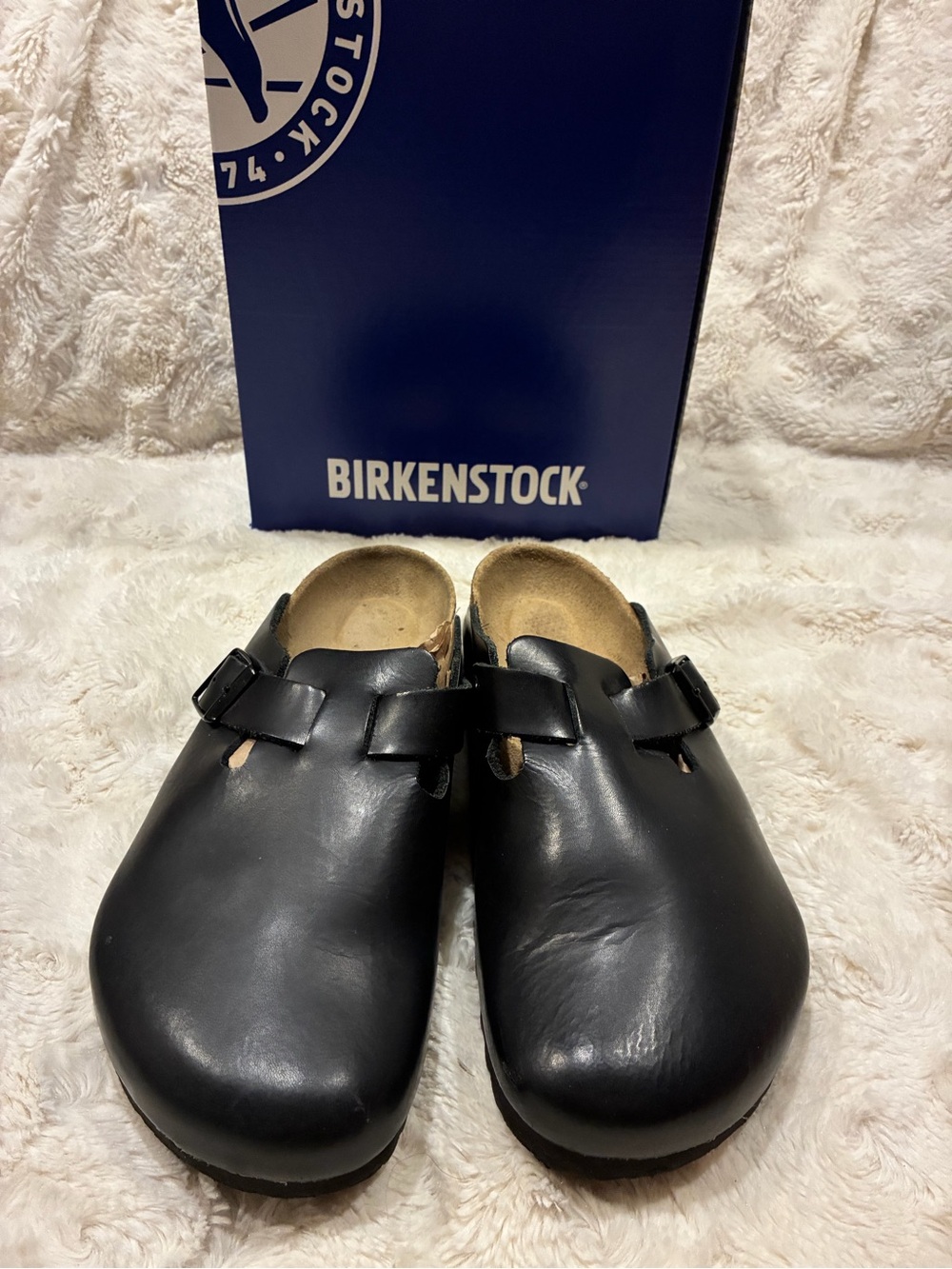 Birkenstock Black Leather Boston Clogs with Adjustable Buckle size 9